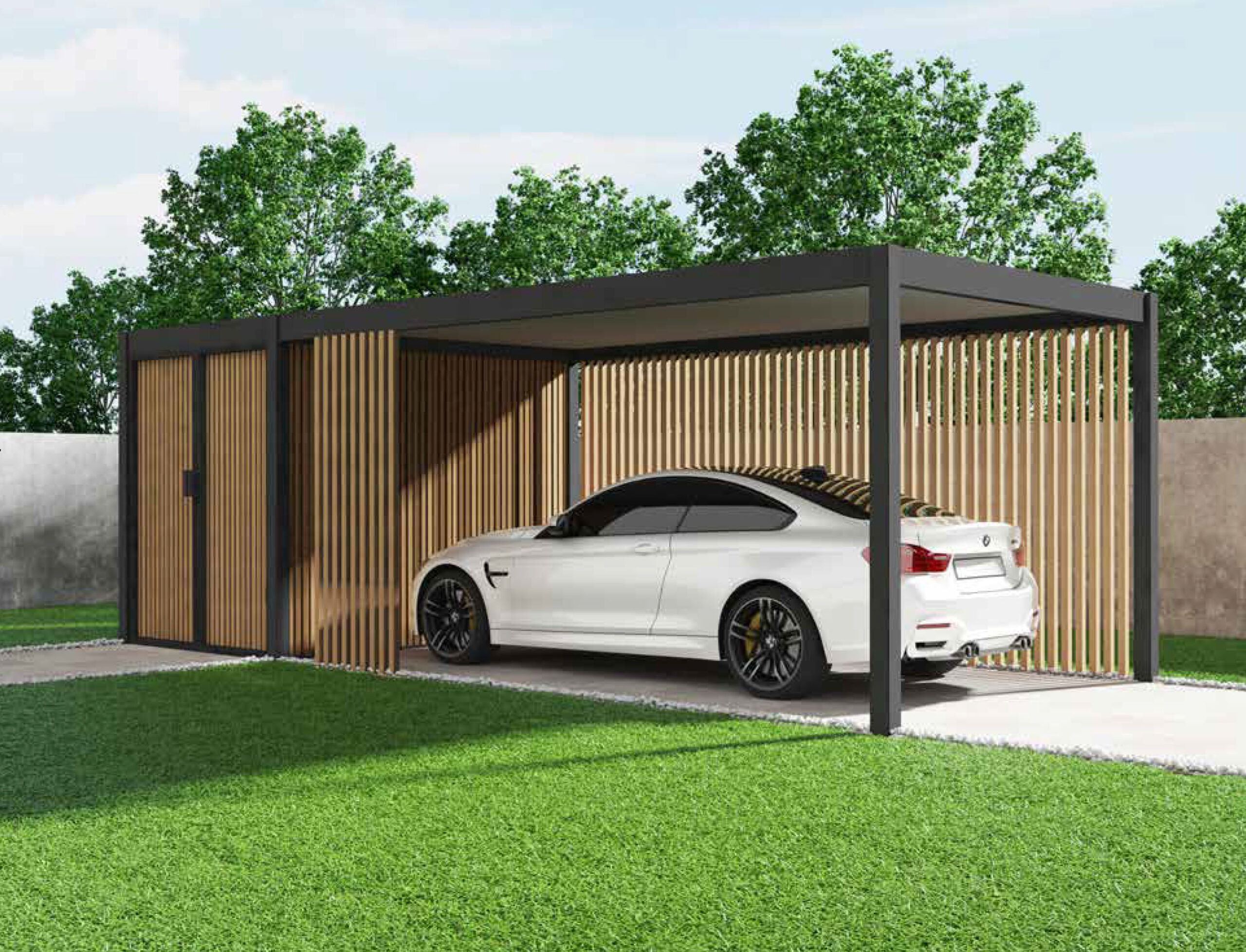 白い車の入っているガレージ