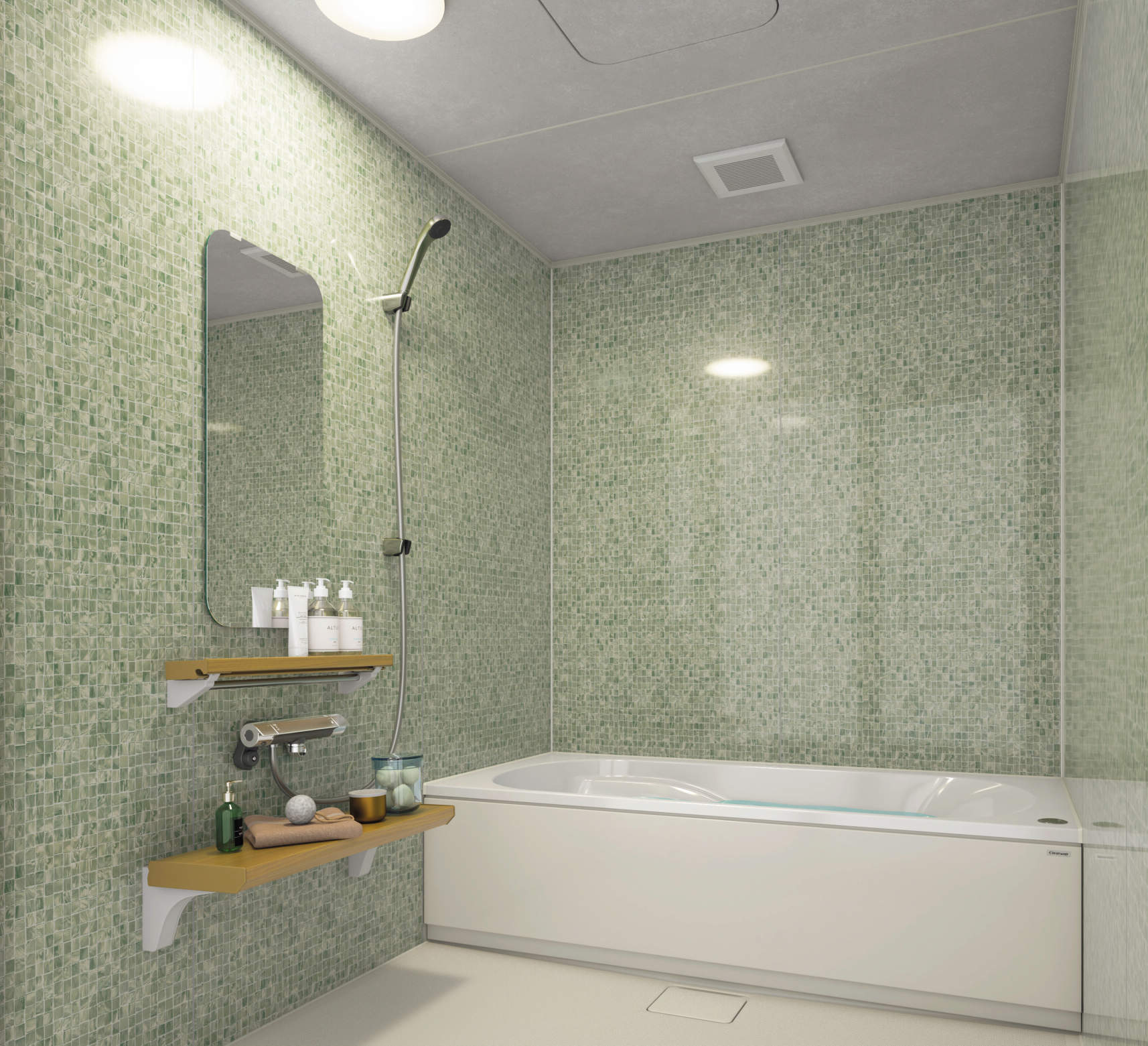 緑のタイルの風呂場