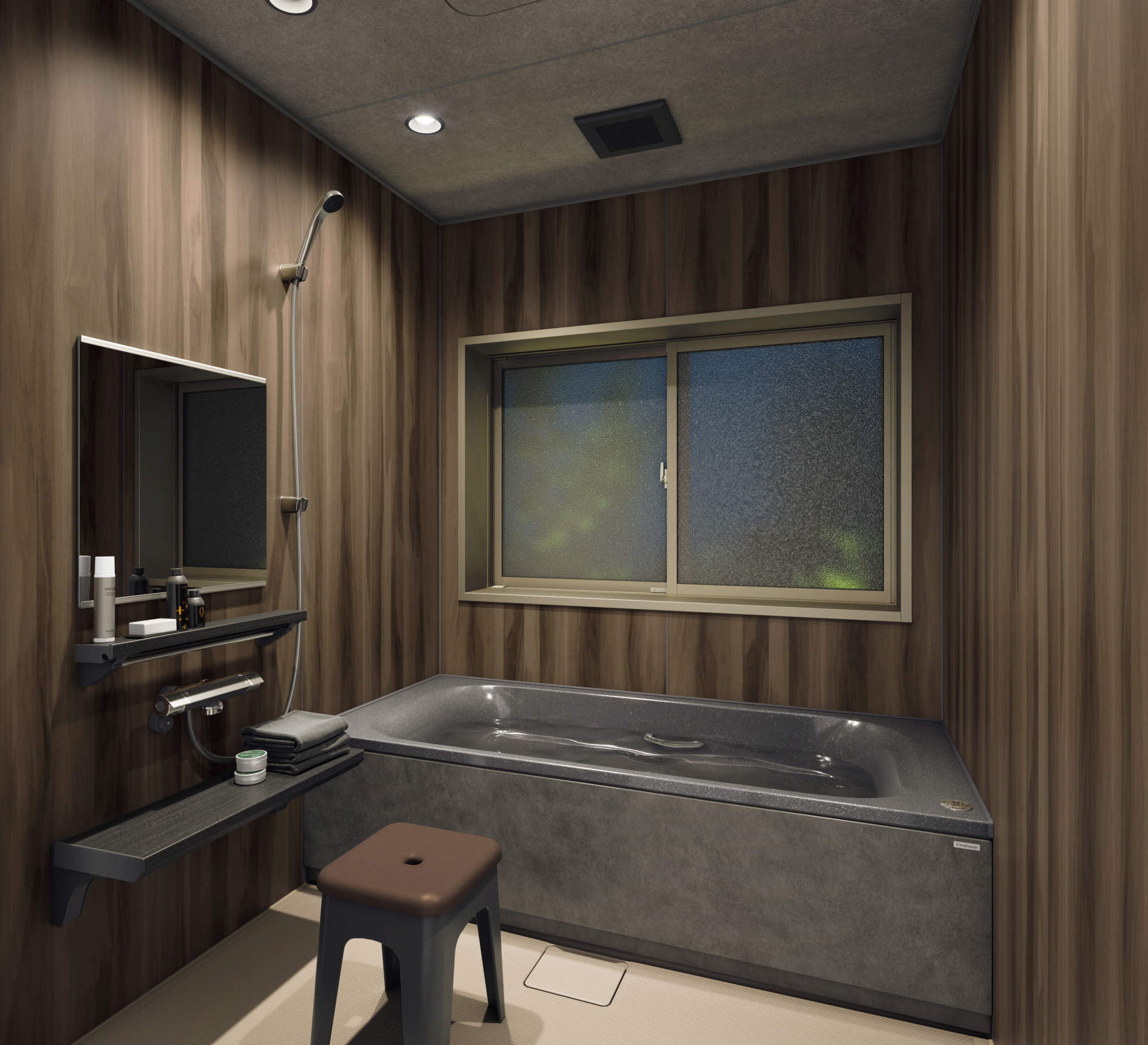 茶色の壁とグレーの入浴場